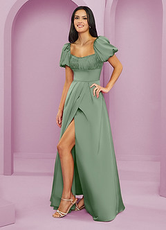 Barbie ♥ Azazie Bridesmaid Dresses Matcha A-Line Ruched Stretch Satin Dress image3