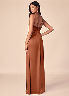 Azazie Aqua Bridesmaid Dresses Cedar Rose A-Line V-Neck Pleated Stretch Satin Dress image2