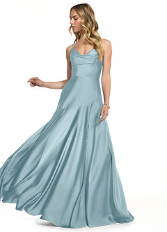 Azazie Kayla Bridesmaid Dresses Moody Blue Sheath Side Slit Stretch Satin Dress image3