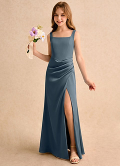 Azazie Noah Girls Formal Jurken voor bloemenmeisjes Kolom Jurk van Stretch Satijn Geplooide Schemering image1