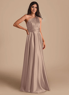 Azazie Charlize Bridesmaid Dresses Taupe A-Line One Shoulder Metallic Satin Dress image3