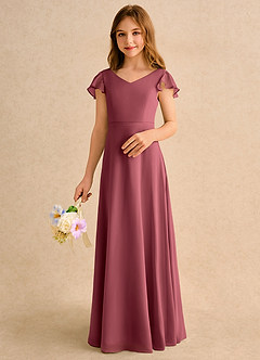 Azazie Nari Girls Formal vestidos de niña de las flores Vestido de Merlot de Gasa de Corte en A con Con mangas image4