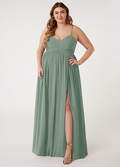 Azazie Alia Vestidos de damas de honor Vestido de Salvia Plateada de Gasa de Corte en A con Plisado image6