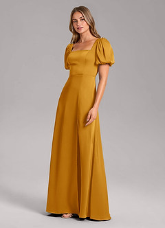 Azazie Fyona Robes de demoiselle d'honneur Robe Trapèze en Satin extensible Plissée Caramel écossais image4