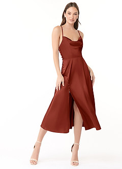 Azazie Ceci Bridesmaid Dresses Terracotta A-Line Side Slit Stretch Satin Dress image1