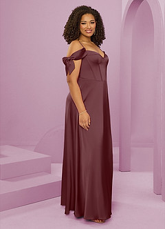 Barbie ♥ Azazie Bridesmaid Dresses Sangria A-Line Off the Shoulder Stretch Satin Dress image12