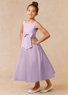 Azazie Lindy Flower Girl Dresses Frosted Lilac A-Line Pleated Matte Satin Dress image1