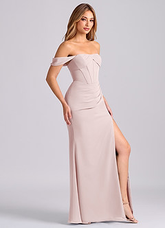 Azazie Joanne Bridesmaid Dresses Blushing Pink Mermaid Off the Shoulder Chiffon Dress image4