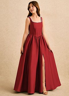 Azazie Enid Girls Formal Blumenmädchenkleider A-Linie Mit Perlen Stretch-Satin Kleid Granatapfelrot image3