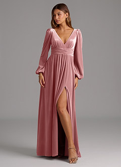 Azazie Norah Bridesmaid Dresses Dusty Rose A-Line Long Sleeve Velvet Dress image1
