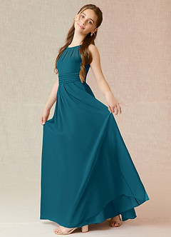 Azazie Bibiane Junior Abito A-Line in Chiffon Plissettato Blu Inchiostro image3