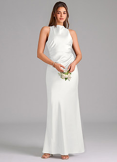 Azazie Evadne Vestidos de damas de honor Vestido de Blanco de Satén Elástico de Corte Recto con Plisado image6