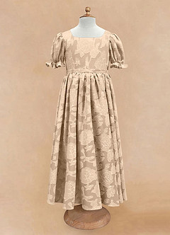 Azazie Joss Flower Girl Dresses Champagne A-Line with Sleeves Floral Burnout Dress image4