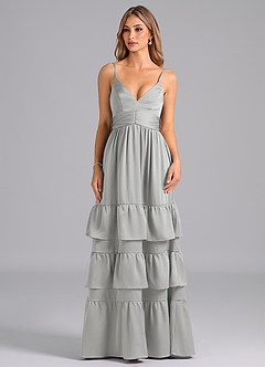 Azazie Nathalia Bridesmaid Dresses Silver A-Line Pleated Stretch Satin Dress image3