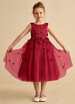 Azazie Lana Blumenmädchenkleider A-Linie ärmellos Matte Satin Kleid Scharlachrot image1