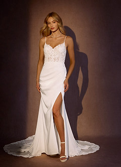 Azazie Rosalina Robes de mariée Robe Sirène en Crêpe Dos Satin Col V dentelle Blanc De Diamant image4