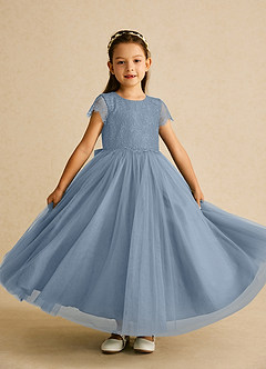 Azazie Bumblebee Abiti da Ragazza di Fiori Abito A-Line in Tulle Pizzo Blu Polveroso image1