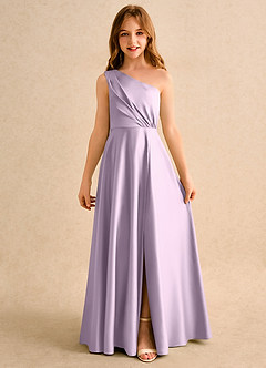Azazie Puddles Girls Formal Flower Girl Dresses Frosted Lilac A-Line One Shoulder Matte Satin Dress image4