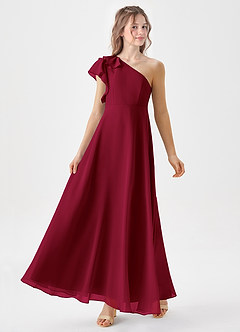 Azazie Arabella Junior Abito A-Line in Chiffon Increspato Borgogna image4