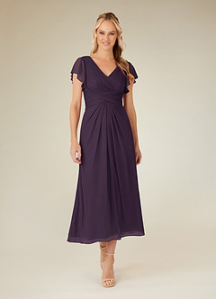 Azazie Vera Mother of the Bride Dresses Plum A-Line V-Neck Pleated Mesh Dress image1