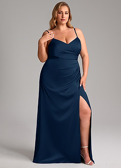 Azazie Azuree Vestidos de damas de honor Vestido de Azul Marino Oscuro de Satén Elástico de Corte en A con Plisado image13