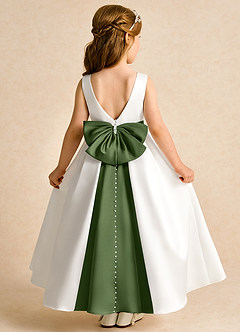 Azazie Cherry Flower Girl Dresses Ivory Olive Ball-Gown Pleated Matte Satin Dress image1