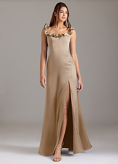 Azazie Callie Bridesmaid Dresses Taupe A-Line Ruched Stretch Satin Convertible Dress image3