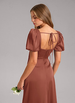 Azazie Fyona Bridesmaid Dresses Auburn A-Line Pleated Stretch Satin Dress image7