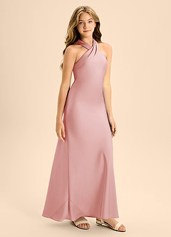 Azazie Doretta Junior Powder Pink A-Line Pleated Stretch Satin Dress image6