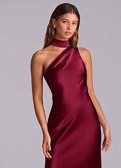 Azazie Seona Abiti da Damigella Abito Sirena in Raso Elasticizzato Monospalla Borgogna image2