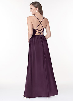 Azazie Raya Bridesmaid Dresses Plum A-Line V-Neck Pleated Stretch Satin Dress image2