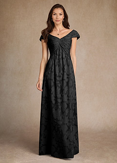 Azazie Myrtle Mother of the Bride Dresses Black A-Line Pleated Floral Burnout Dress image1