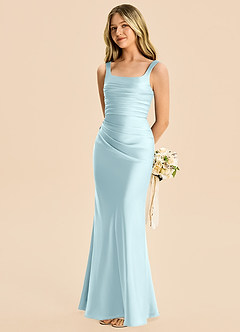 Azazie Agustina Junior Cloud Blue Sheath Pleated Stretch Satin Dress image1