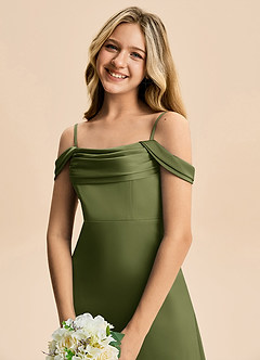 Azazie Lettie Junior A-Line Off-Shoulder Stræk satin Gulv-længde Junior brudepige Kjole image5