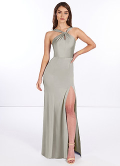 Azazie Elana Final Sale Agave Mermaid Side Slit Stretch Satin Dress image1