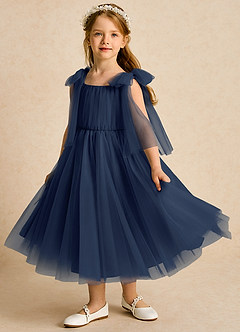 Azazie Dori Robe Demoiselle D'honneur Fillette Robe Trapèze en Tulle Rayé Bleu Marine Foncé image5