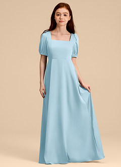 Azazie Briar Junior Vestido de Azul Cielo de Satén Elástico de Corte en A con Lazo image3