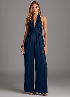 Azazie Oli Jurken voor bruidsmeisjes Jumpsuit van Stretch Satijn Geplooid Donkere Marine image3