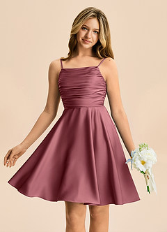 Azazie Miko Junior Vestido de Rosa Del Desierto de Satén Elástico de Corte en A con Plisado image1