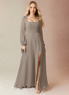 Azazie Leonia Bridesmaid Dresses Taupe A-Line Long Sleeve Chiffon Dress image7