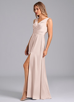 Azazie Karina Bridesmaid Dresses Blushing Pink A-Line Pleated Stretch Satin Dress image3
