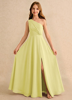 Azazie Puddles Girls Formal vestidos de niña de las flores Vestido de Sorbete De Limón de Gasa de Corte en A con Hombro unilateral image5