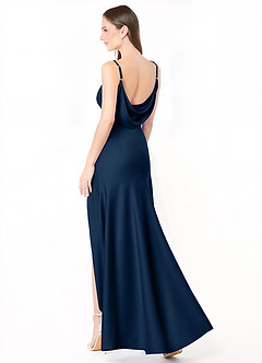Azazie Alaija Bridesmaid Dresses Dark Navy Mermaid Side Slit Stretch Satin Dress image1