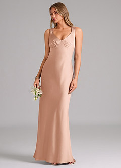 Azazie Kamila Robes de demoiselle d'honneur Robe Trapèze en Satin extensible Plissée Or Rose image5