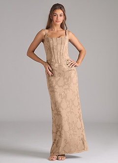 Azazie Kenna Bridesmaid Dresses Champagne Sheath Side Slit Floral Burnout Dress image3