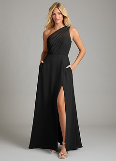 Azazie Phaedra Bridesmaid Dresses Black A-Line One Shoulder Chiffon Dress image11