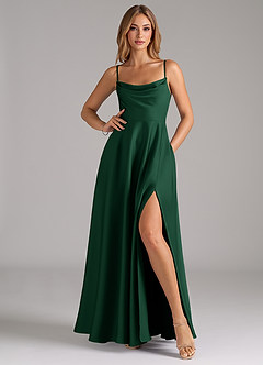 Azazie Elle Bridesmaid Dresses Dark Green A-Line Pleated Stretch Satin Dress image3