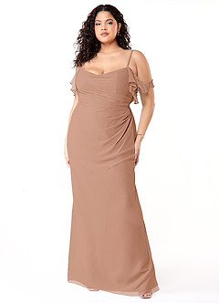 Azazie Emeralda Bridesmaid Dresses Champagne Rose Sheath Off the Shoulder Chiffon Dress image7