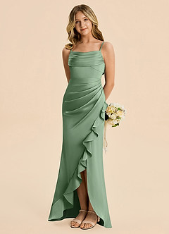 Azazie Mia Junior Robe Sirène en Satin extensible Plissé Matcha image1