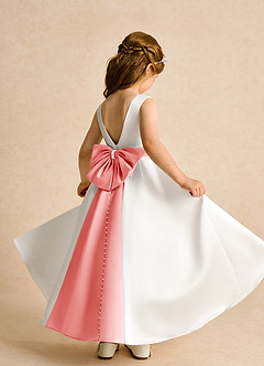Azazie Cherry Flower Girl Dresses Ivory Coral Ball-Gown Pleated Matte Satin Dress image4
